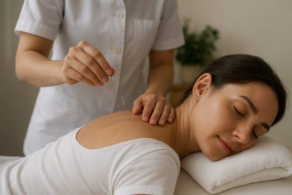 A woman relaxing on a massage table during an acupuncture session, with fine needles inserted into her upper back by a practitioner in a calm, serene setting.