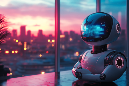 A modern flat-illustration style image of an Agentic AI assistant represented as a friendly digital agent interacting with charts, data flows, and futuristic dashboards.