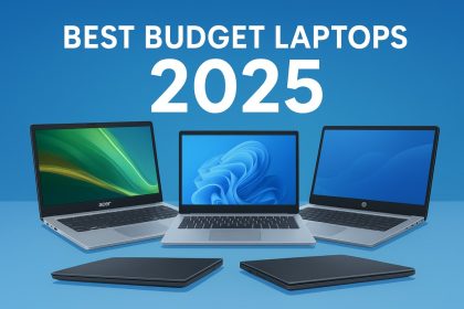 A sleek digital illustration showing multiple laptops with “Best Budget Laptops 2025