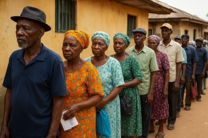 Elderly Nigerian pensioners standing in a long queue outside a government building, waiting with serious expressions, symbolizing delays in pension payments