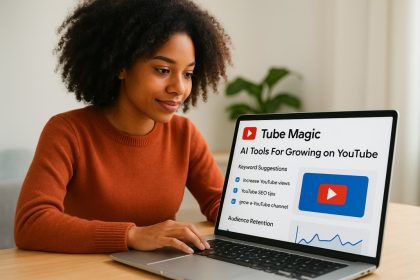 A young African American woman with curly hair wearing a burnt orange sweater works on a silver laptop at a wooden desk. The laptop screen displays the Tube Magic dashboard with AI tools for growing on YouTube, including keyword suggestions, audience retention, and optimization features.