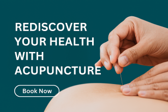 Close-up of a practitioner’s hands gently inserting an acupuncture needle into a patient’s skin, with bold white text reading 'Rediscover Your Health With Acupuncture' and a 'Book Now' button on a teal background.