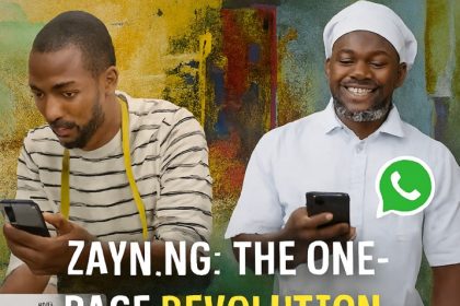 A vibrant collage promoting Zayn.ng features five African entrepreneurs using smartphones. At the top, a male tailor in a striped shirt and a smiling male chef in a white uniform hold their phones. Below, a female baker in a pink shirt, a male artist in maroon overalls, and a female artist in a black apron all engage with their devices. Floating WhatsApp icons and screenshots of Zayn.ng storefronts surround them. Bold white and yellow text in the center reads, “ZAYN.NG: THE ONE-PAGE REVOLUTION POWERING AFRICA’S SOCIAL SELLERS.” The background is textured with energetic brushstrokes in green, yellow, and red