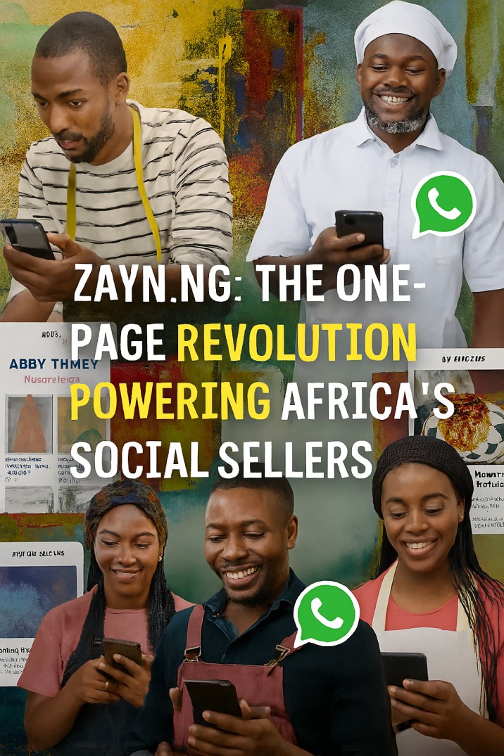 A vibrant collage promoting Zayn.ng features five African entrepreneurs using smartphones. At the top, a male tailor in a striped shirt and a smiling male chef in a white uniform hold their phones. Below, a female baker in a pink shirt, a male artist in maroon overalls, and a female artist in a black apron all engage with their devices. Floating WhatsApp icons and screenshots of Zayn.ng storefronts surround them. Bold white and yellow text in the center reads, “ZAYN.NG: THE ONE-PAGE REVOLUTION POWERING AFRICA’S SOCIAL SELLERS.” The background is textured with energetic brushstrokes in green, yellow, and red